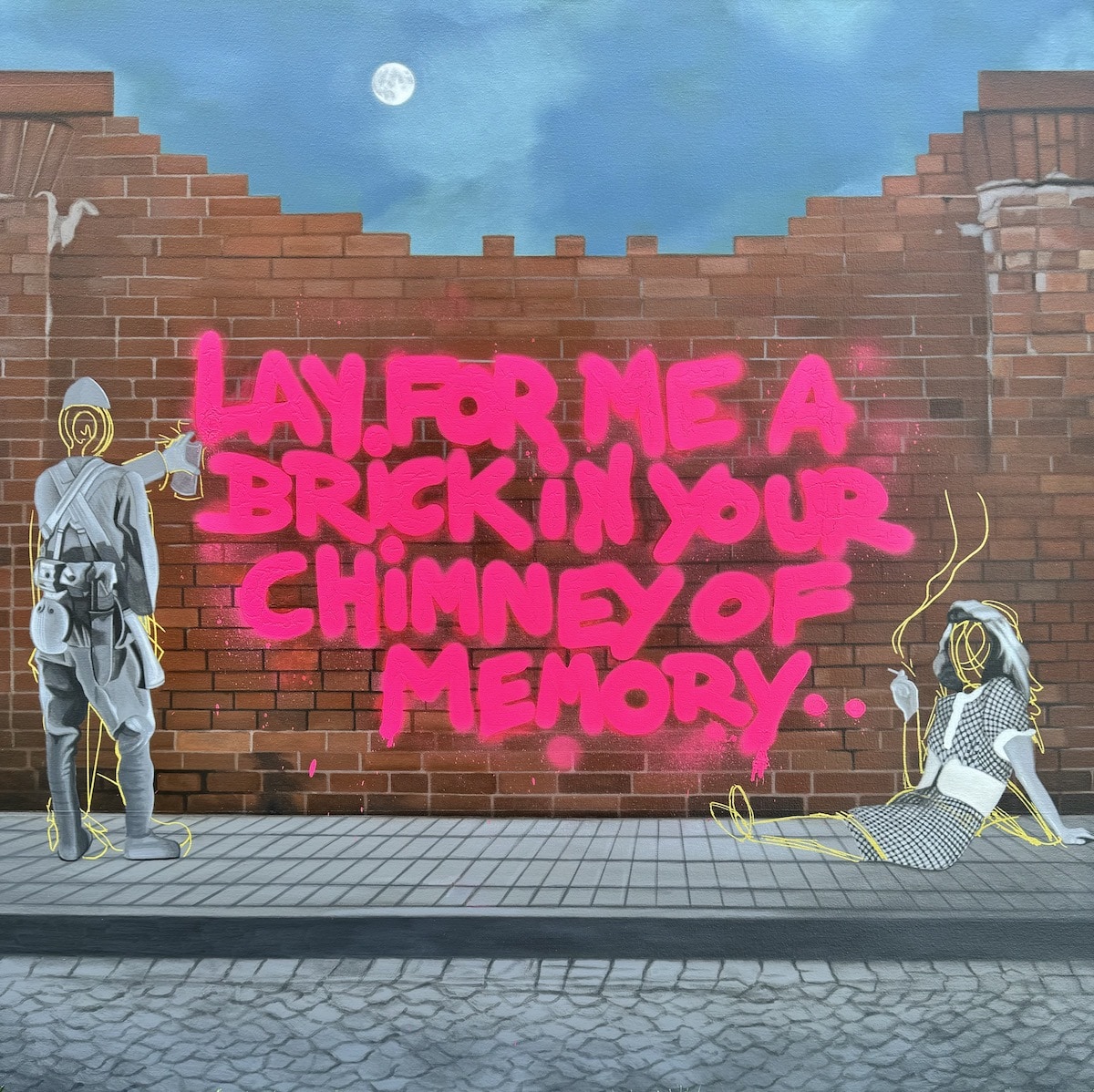 Street art mural of soldier and woman with neon pink graffiti text